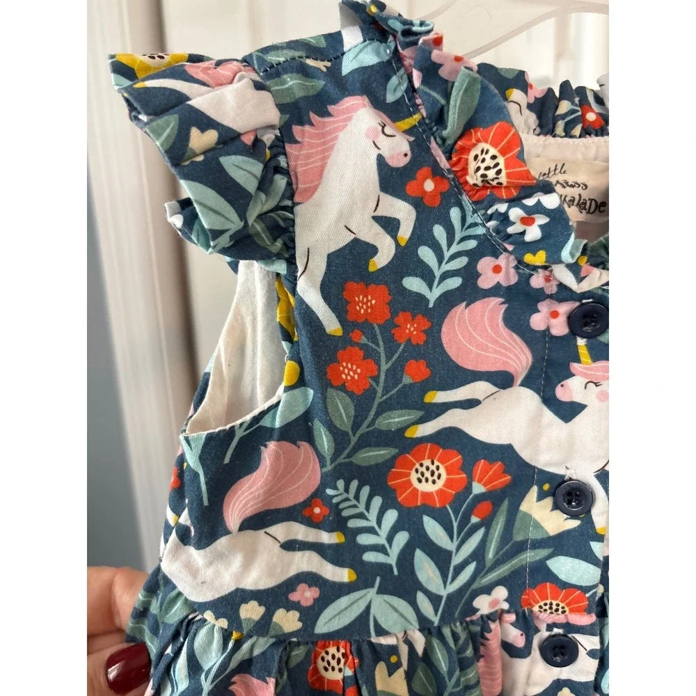 Little Miss Marmalade Girls Unicorn Floral Ruffle Dress Navy Blue Button‎ Front
